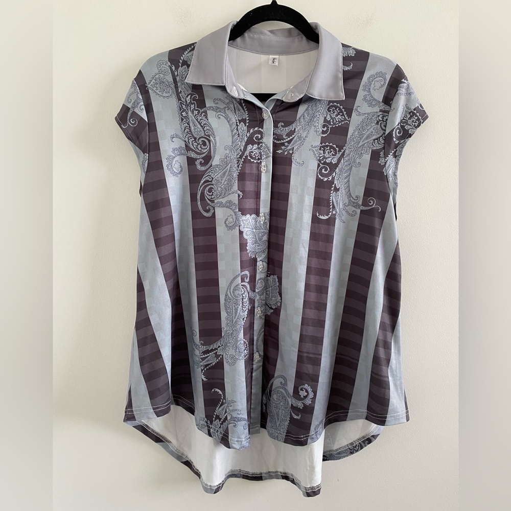 Pixie Lady Gray Polo Paisley Striped Top Size Large